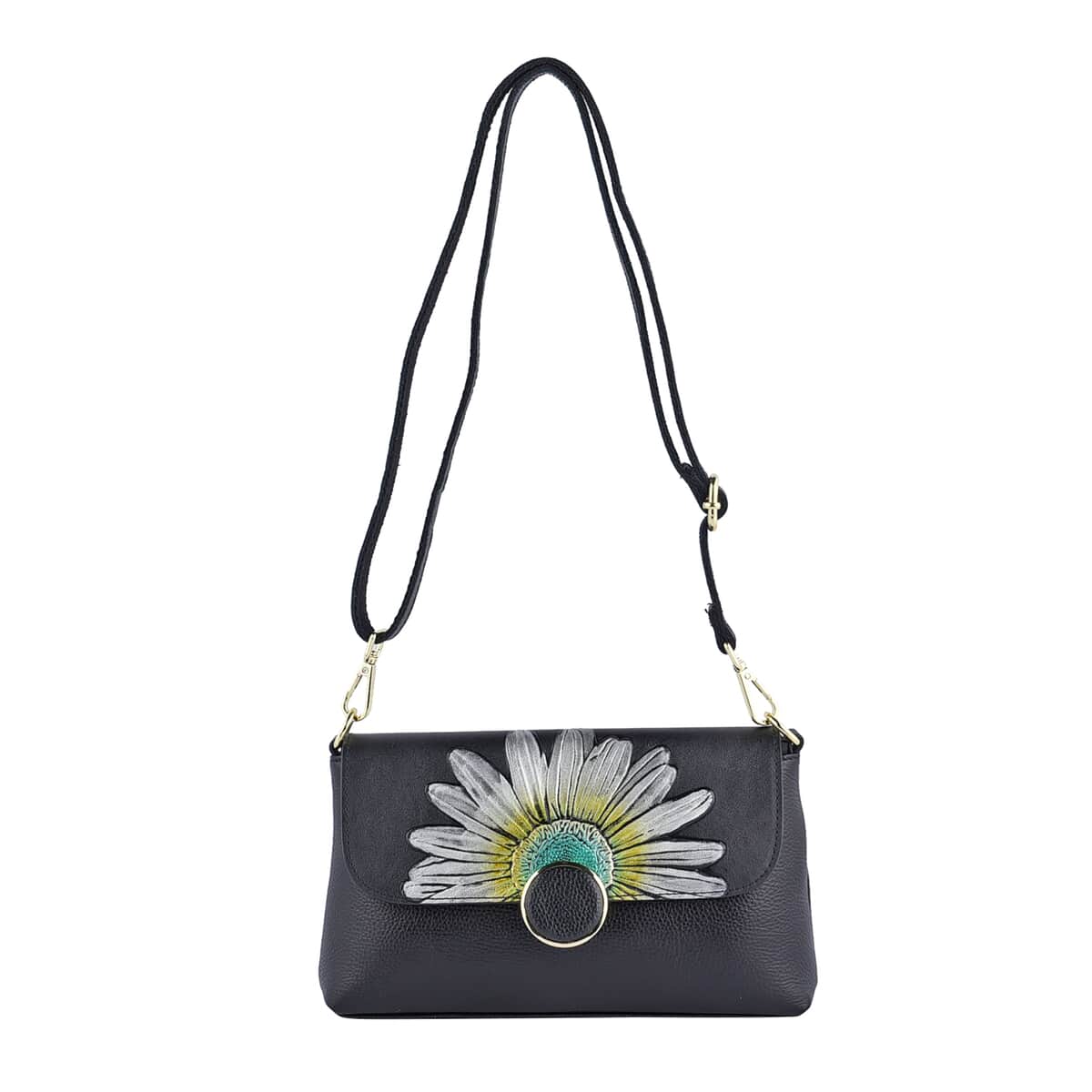 Hong Kong Closeout Collection Black Color Sunflower Embossed Pattern Genuine Leather Crossbody Bag with Shoulder Strap image number 0