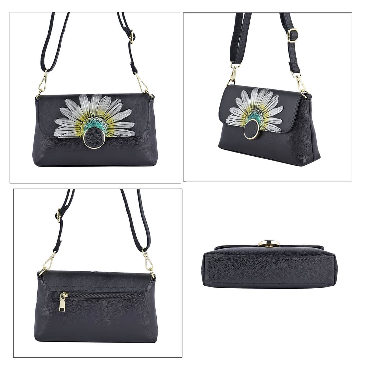 HONG KONG CLOSEOUT Collection Black Color Sunflower Embossed Pattern Genuine Leather Crossbody Bag (9.84"x5.9"x2.76") with Shoulder Strap image number 3