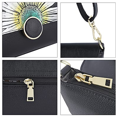 Hong Kong Closeout Collection Black Color Sunflower Embossed Pattern Genuine Leather Crossbody Bag with Shoulder Strap