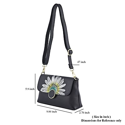 Hong Kong Closeout Collection Black Color Sunflower Embossed Pattern Genuine Leather Crossbody Bag with Shoulder Strap