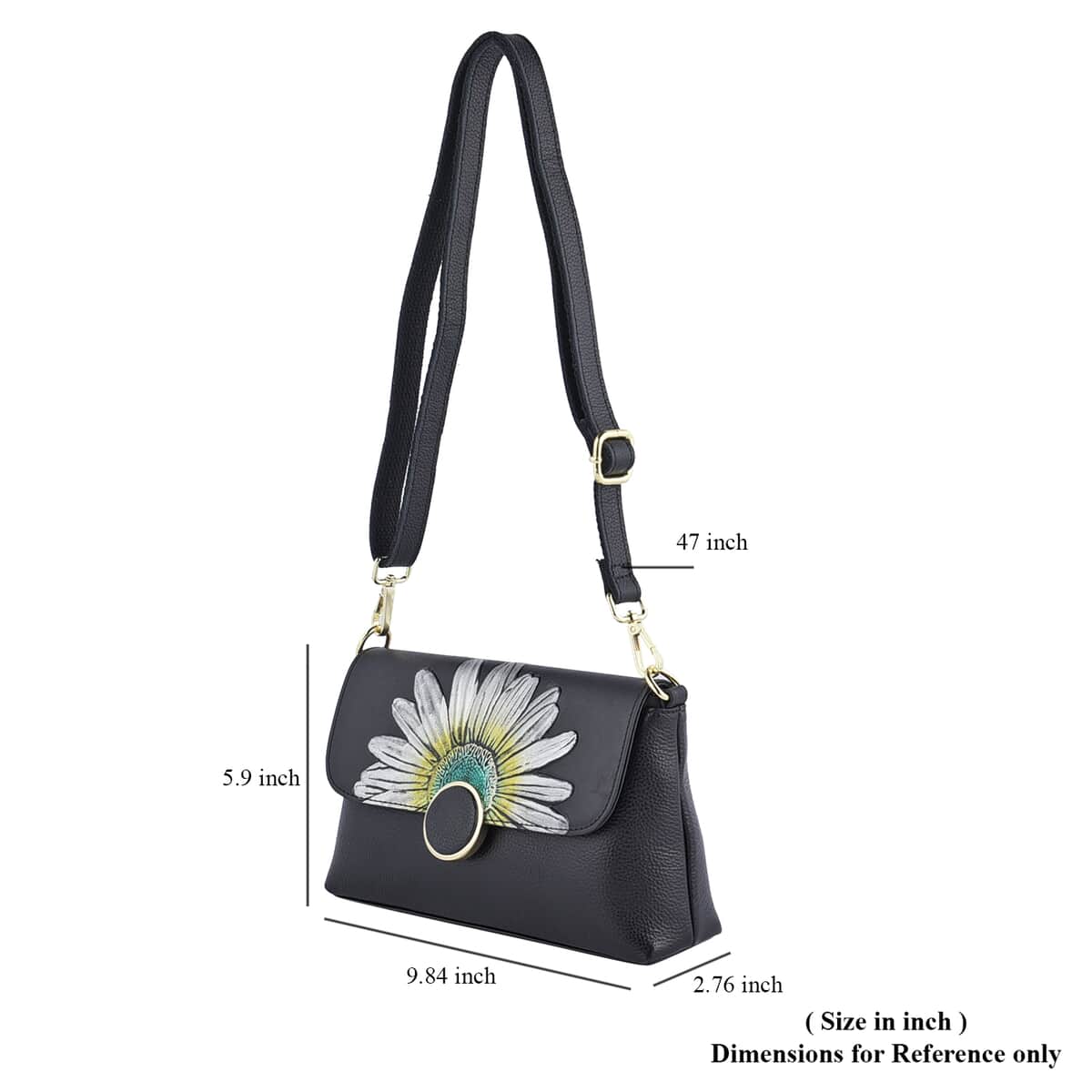 HONG KONG CLOSEOUT Collection Black Color Sunflower Embossed Pattern Genuine Leather Crossbody Bag (9.84"x5.9"x2.76") with Shoulder Strap image number 6