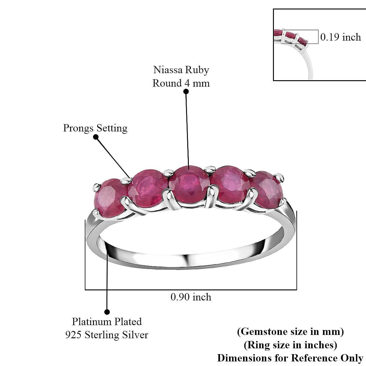 Niassa Ruby (FF) 5 Stone Ring in Platinum Over Sterling Silver, Wedding Band Ring For Women (Size 7.0) 2.00 ctw image number 3