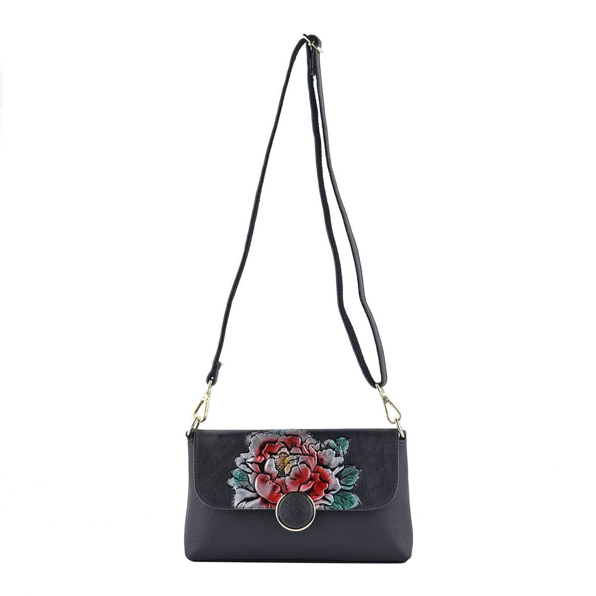 Hong Kong Closeout Collection Black Color Peony Embossed Pattern Genuine Leather Crossbody Bag with Shoulder Strap image number 0