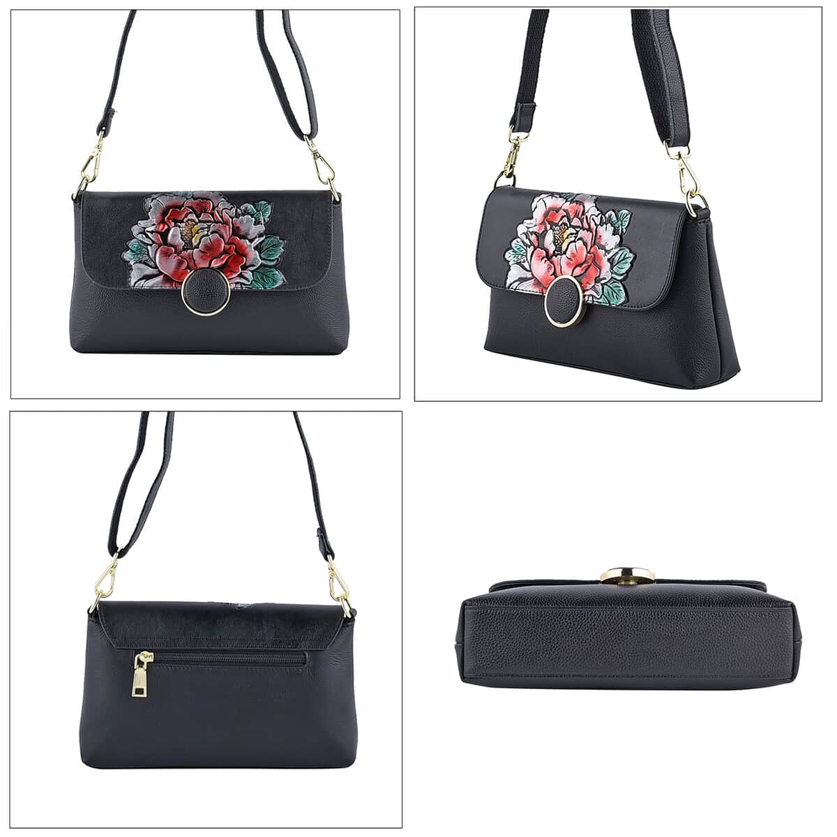 Hong Kong Closeout Collection Black Color Peony Embossed Pattern Genuine Leather Crossbody Bag with Shoulder Strap image number 3