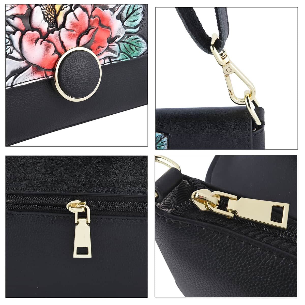 Hong Kong Closeout Collection Black Color Peony Embossed Pattern Genuine Leather Crossbody Bag with Shoulder Strap image number 4