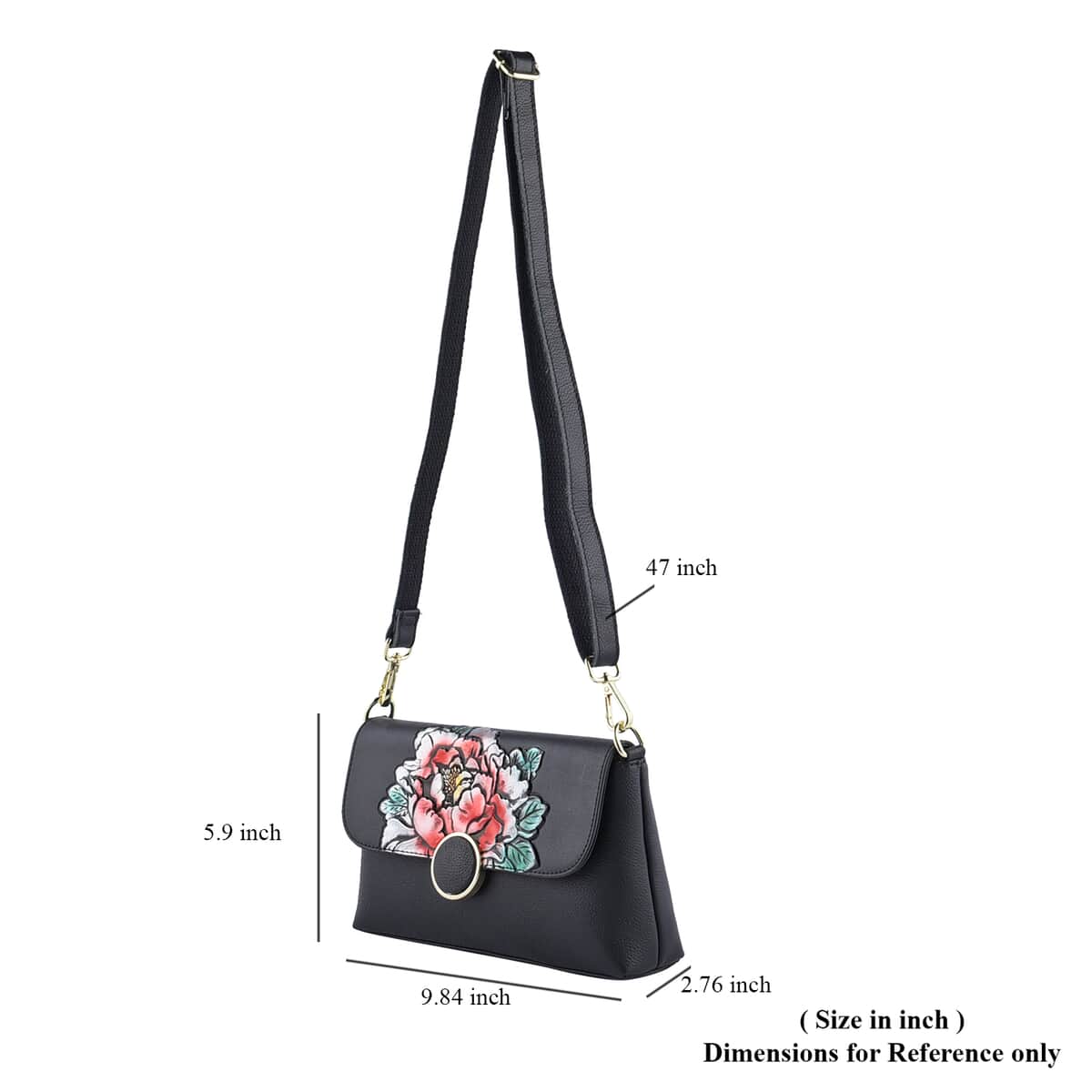 Hong Kong Closeout Collection Black Color Peony Embossed Pattern Genuine Leather Crossbody Bag with Shoulder Strap image number 6
