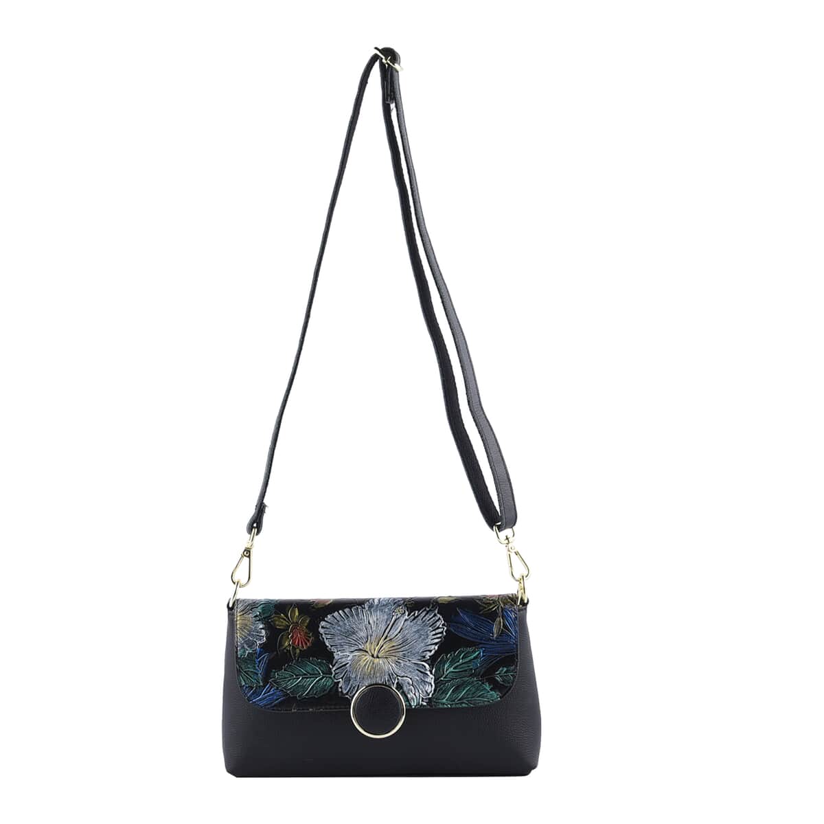Hong Kong Closeout Collection Black Color Flower Embossed Pattern Genuine Leather Crossbody Bag with Shoulder Strap image number 0