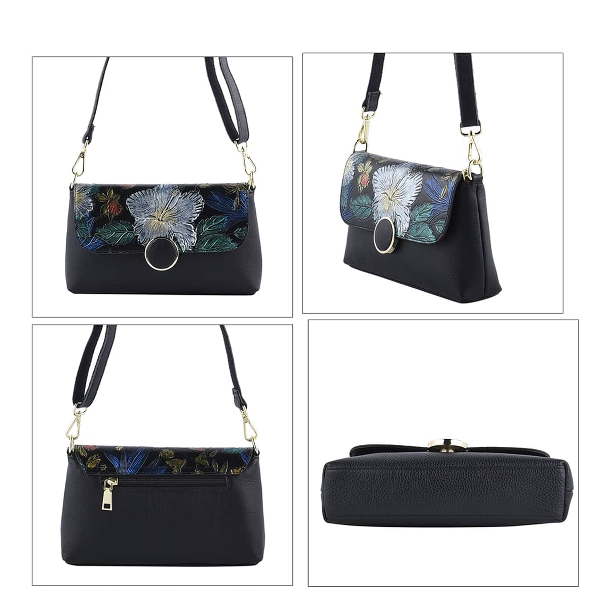 Hong Kong Closeout Collection Black Color Flower Embossed Pattern Genuine Leather Crossbody Bag with Shoulder Strap image number 3