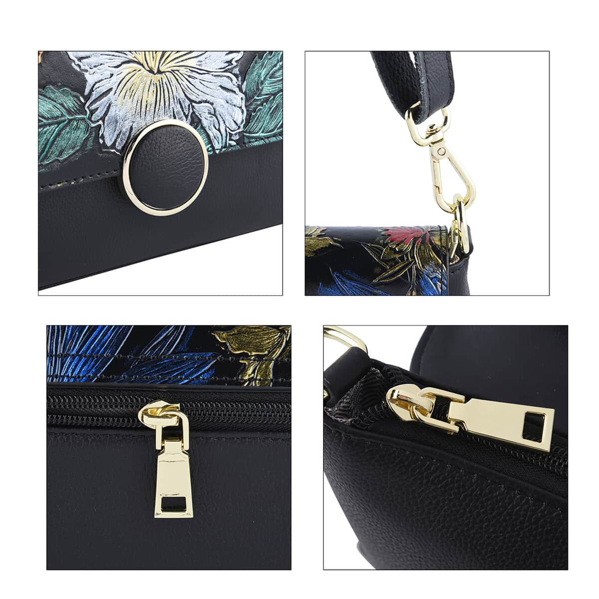 Hong Kong Closeout Collection Black Color Flower Embossed Pattern Genuine Leather Crossbody Bag with Shoulder Strap image number 4