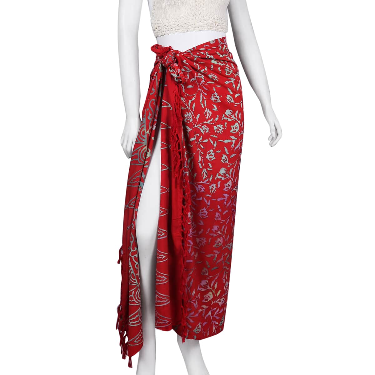 Handmade Red Floral Motif Pattern 100% Rayon Sarong image number 1