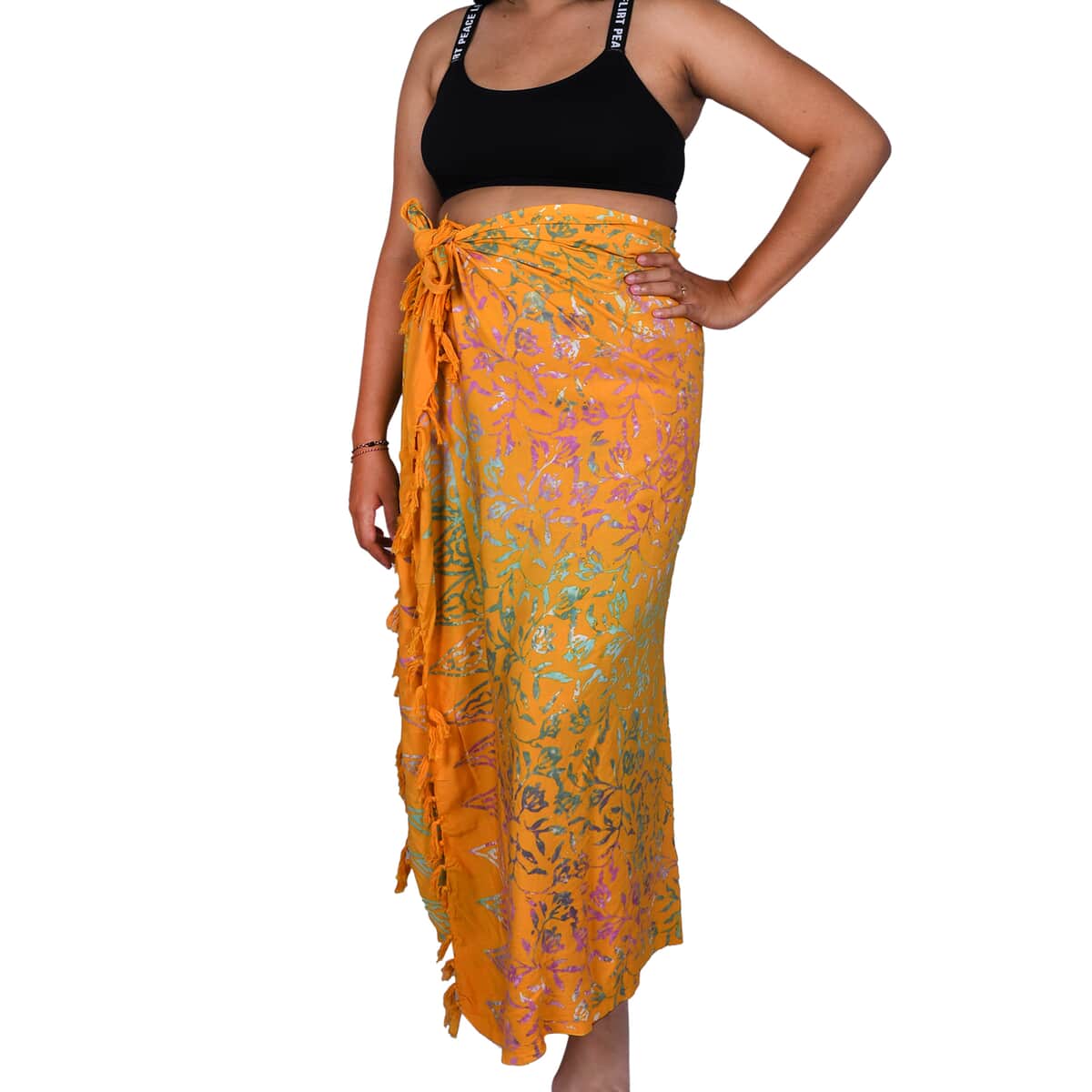 Handmade Orange Floral Motif Pattern 100% Rayon Sarong | Women's Saron Wrap | Sarong Skirt | Beach Sarong Cover Up image number 0