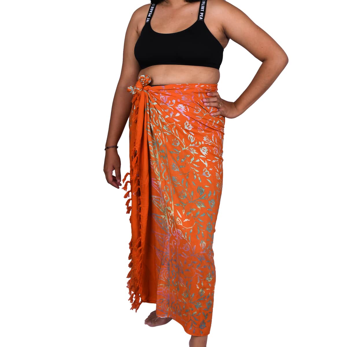 Handmade Golden Orange Floral Motif Pattern 100% Rayon Sarong | Women's Saron Wrap | Sarong Skirt | Beach Sarong Cover Up image number 0