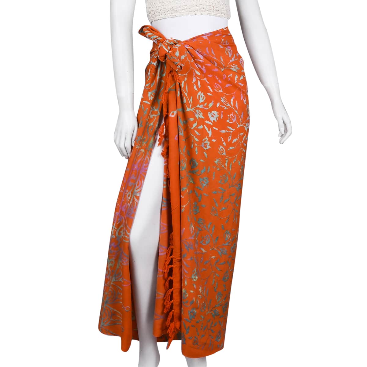 Handmade Golden Orange Floral Motif Pattern 100% Rayon Sarong | Women's Saron Wrap | Sarong Skirt | Beach Sarong Cover Up image number 1