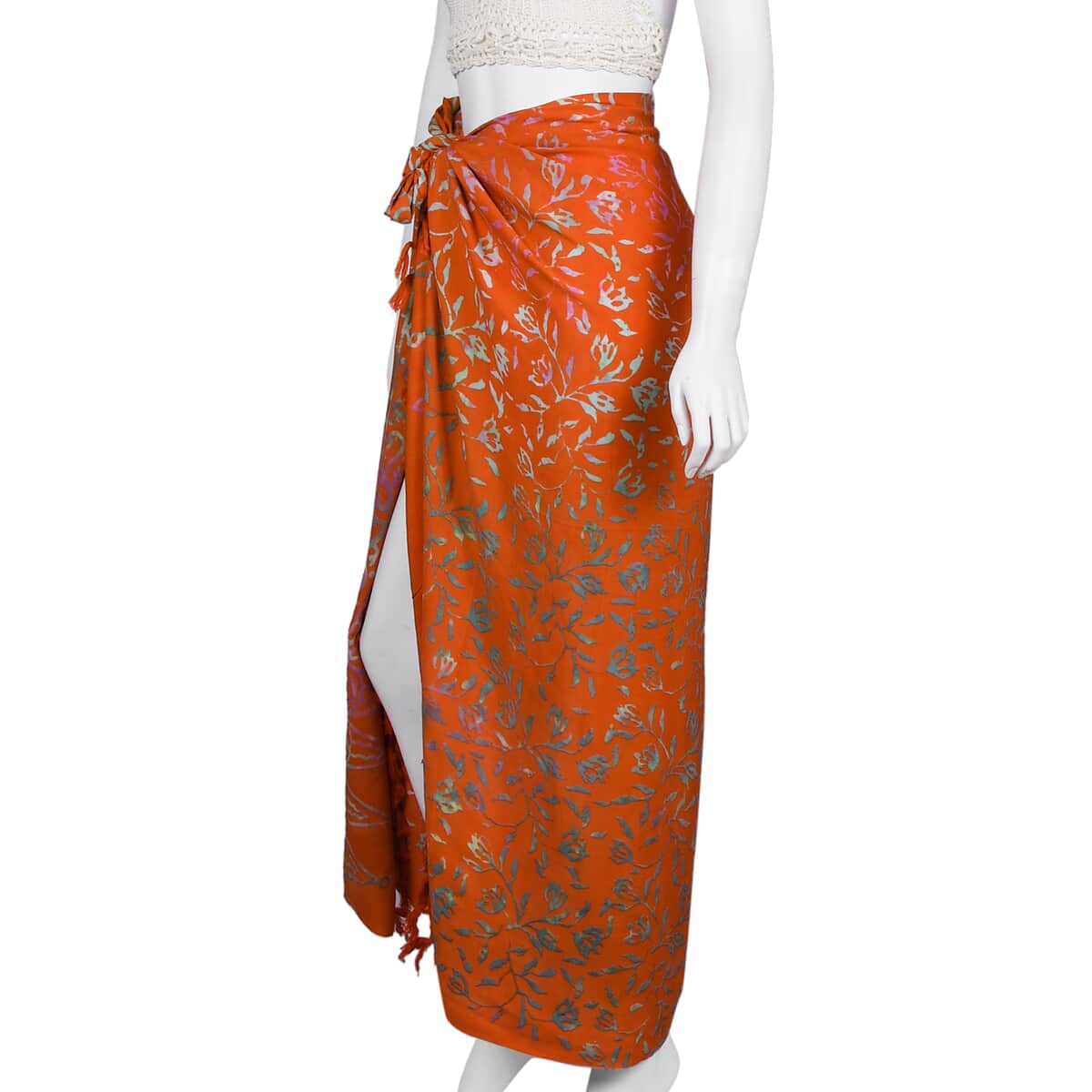 Handmade Golden Orange Floral Motif Pattern 100% Rayon Sarong | Women's Saron Wrap | Sarong Skirt | Beach Sarong Cover Up image number 3