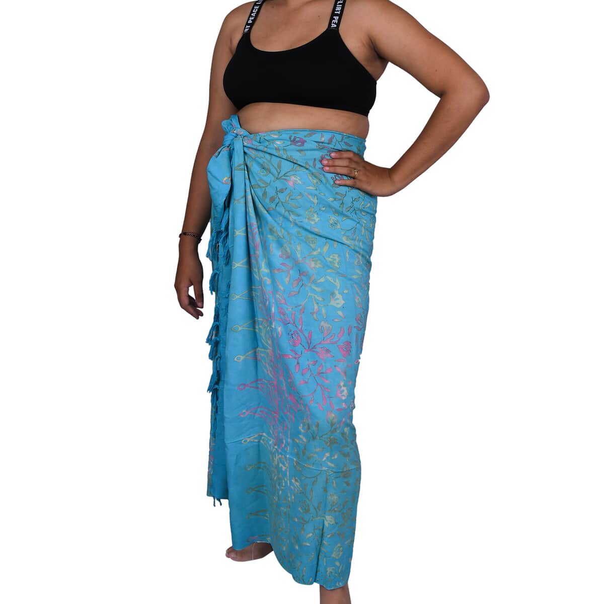 Handmade Turquoise Floral Motif Pattern 100% Rayon Sarong | Women's Saron Wrap | Sarong Skirt | Beach Sarong Cover Up image number 0