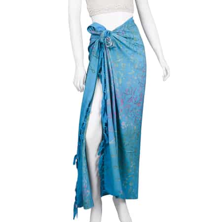 Handmade Turquoise Floral Motif Pattern 100% Rayon Sarong | Women's Saron Wrap | Sarong Skirt | Beach Sarong Cover Up image number 1