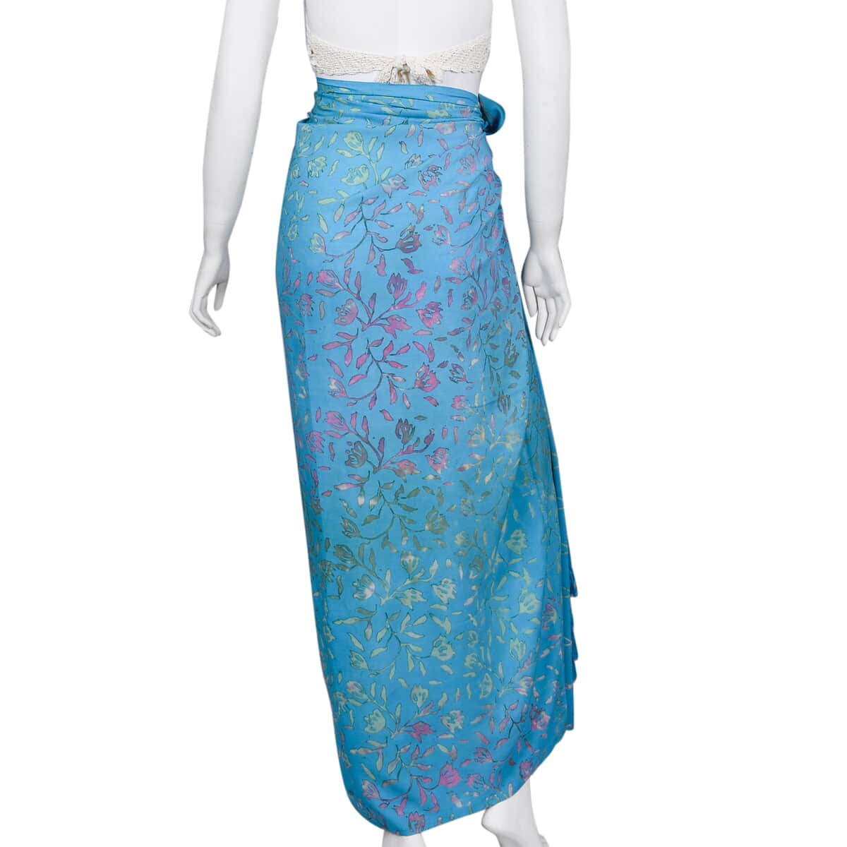 Handmade Turquoise Floral Motif Pattern 100% Rayon Sarong | Women's Saron Wrap | Sarong Skirt | Beach Sarong Cover Up image number 2