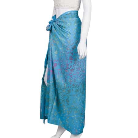 Handmade Turquoise Floral Motif Pattern 100% Rayon Sarong | Women's Saron Wrap | Sarong Skirt | Beach Sarong Cover Up image number 3