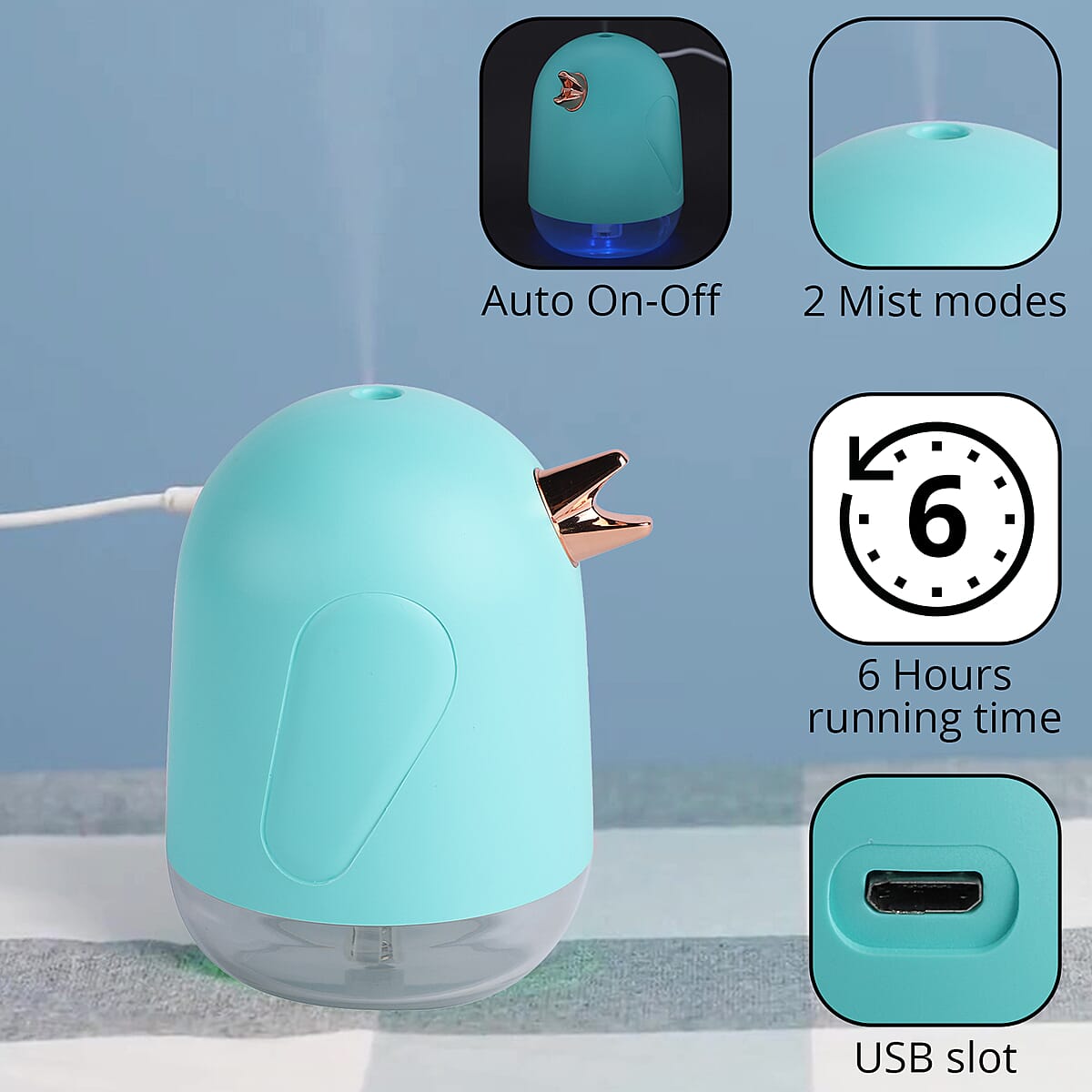 Bird-Shaped Portable, Silent Electric USB, Sky Blue Mini Cool Mist Humidifier With Night Light, Auto Shut Off, (330ml, DC 5V) image number 2