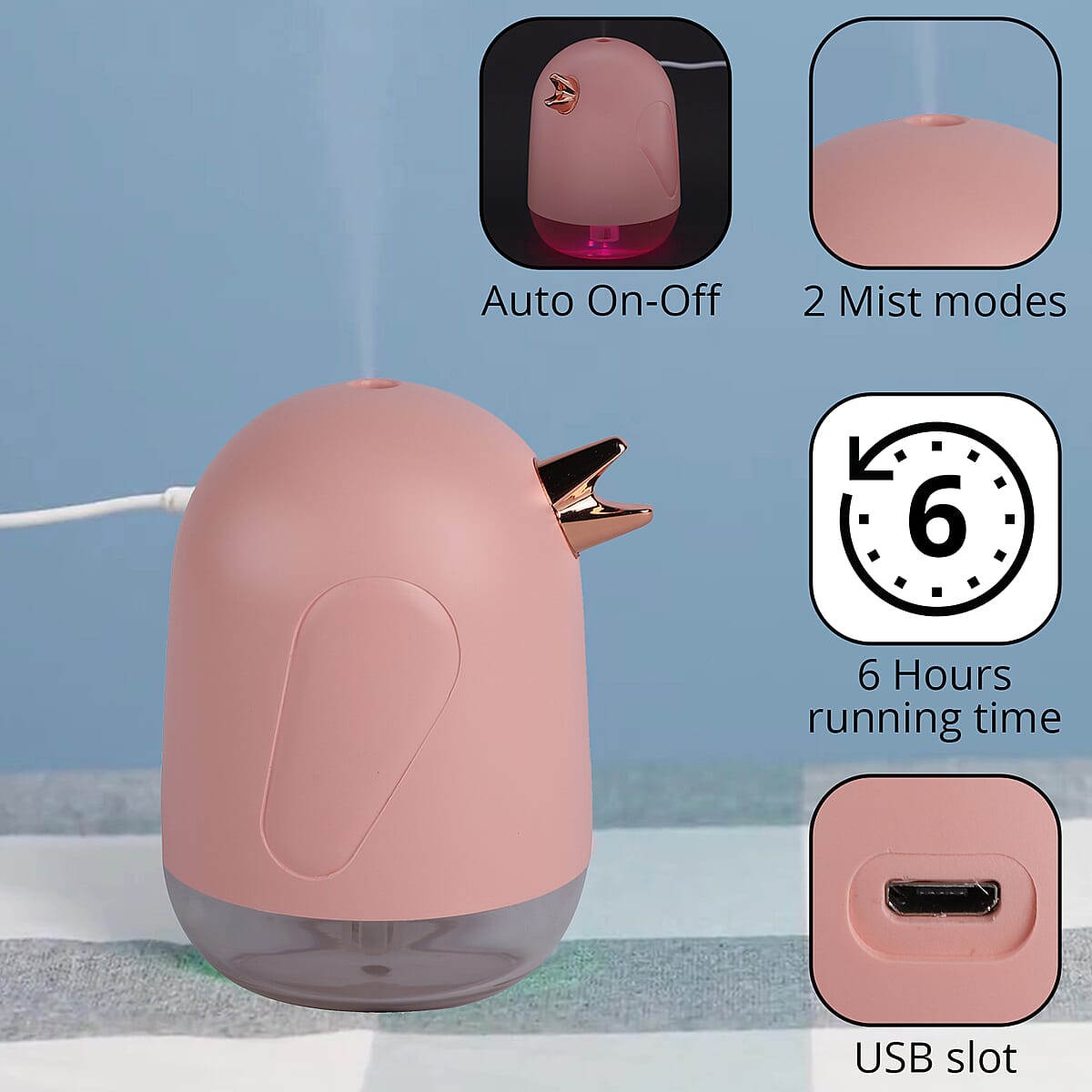 Bird-Shaped Portable, Silent Electric USB, Pink Mini Cool Mist Humidifier With Night Light, Auto Shut Off, (330ml, DC 5V) image number 2