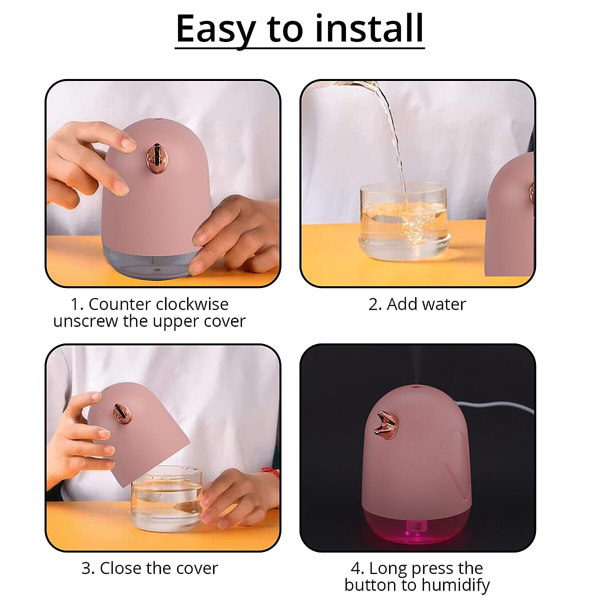 Bird-Shaped Portable, Silent Electric USB, Pink Mini Cool Mist Humidifier With Night Light, Auto Shut Off, (330ml, DC 5V) image number 3