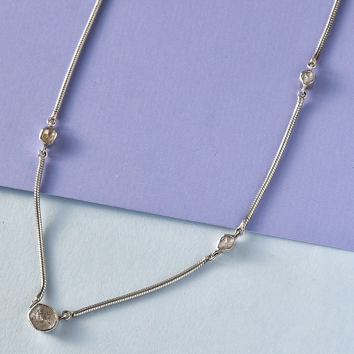 Artisan Crafted Polki Diamond Snake Chain Station Necklace 18-20 Inches in Sterling Silver 9.05 Grams 1.00 ctw image number 1