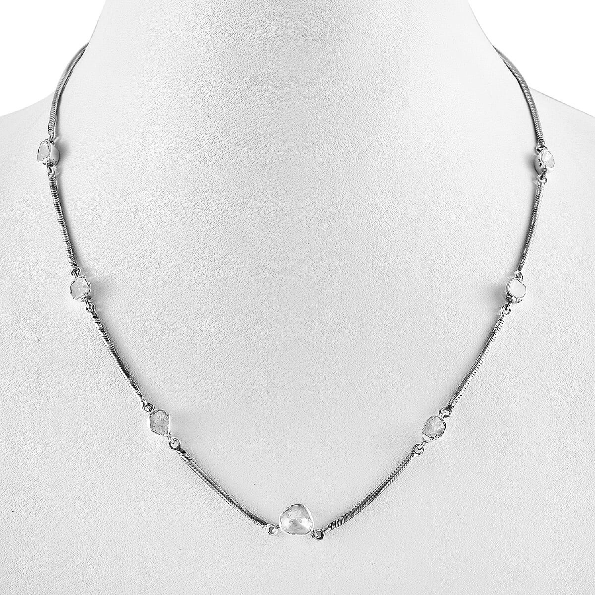Artisan Crafted Polki Diamond Snake Chain Station Necklace 18-20 Inches in Sterling Silver 9.05 Grams 1.00 ctw image number 2