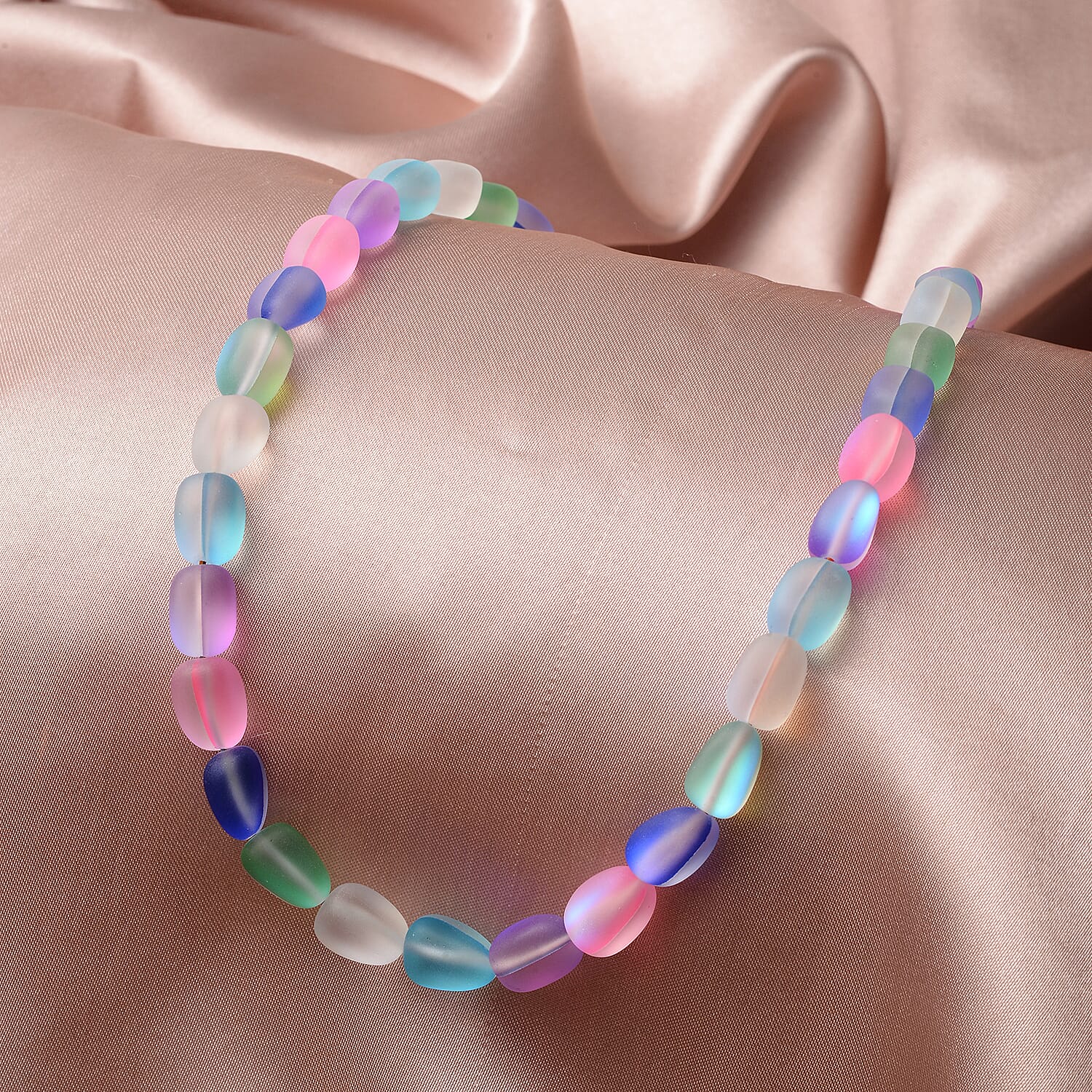 Simulated Multi Color Mystic Topaz Beaded Necklace 20 Inches in Silvertone