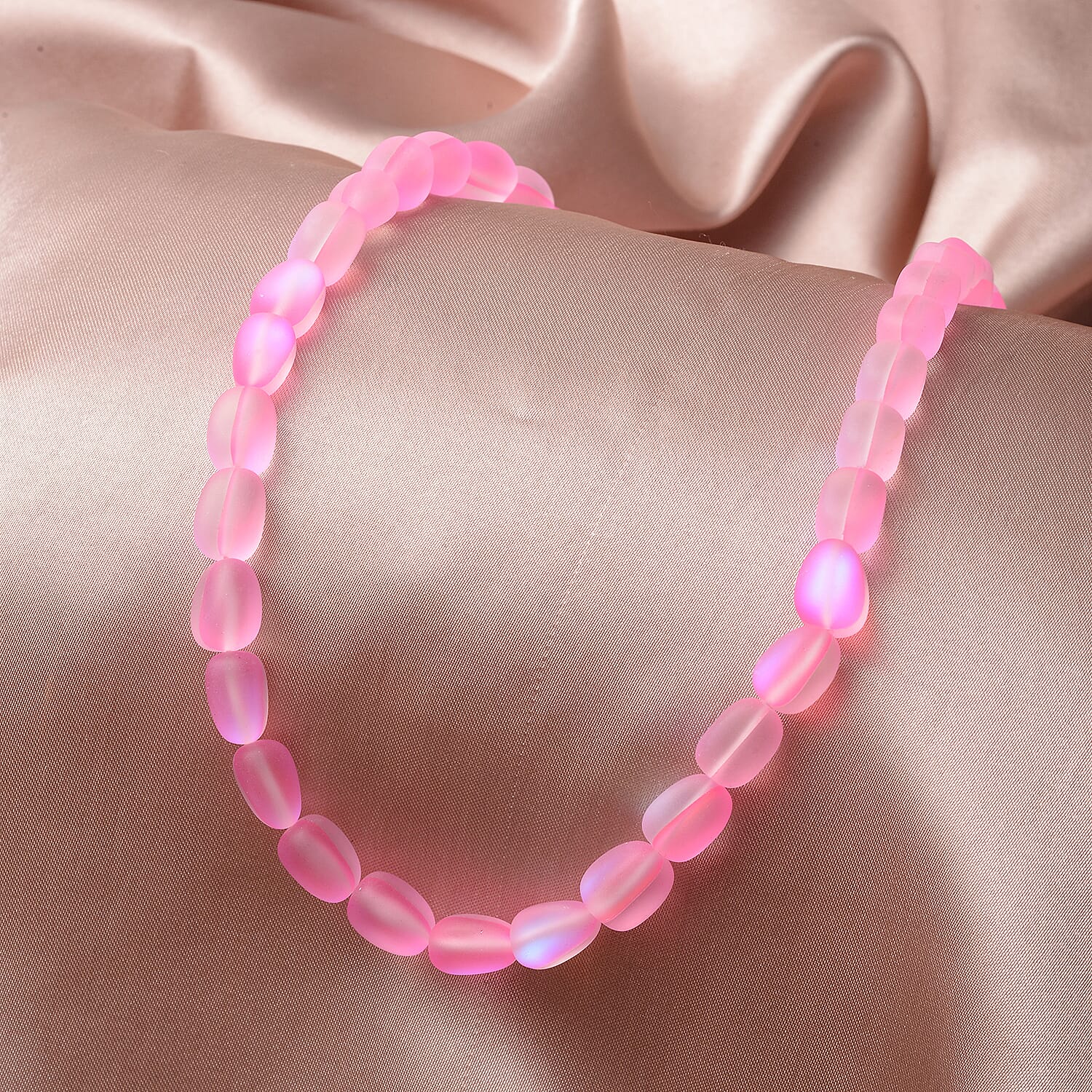 Simulated Pink Mystic Topaz Beaded Necklace 20 Inches in Silvertone