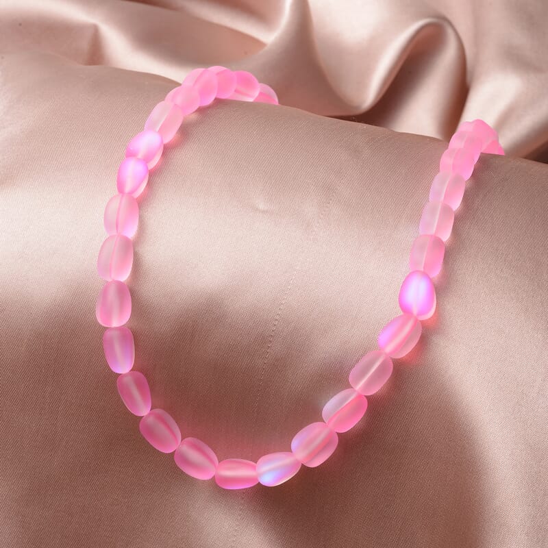 Simulated Pink Mystic Topaz Beaded Necklace 20 Inches in Silvertone