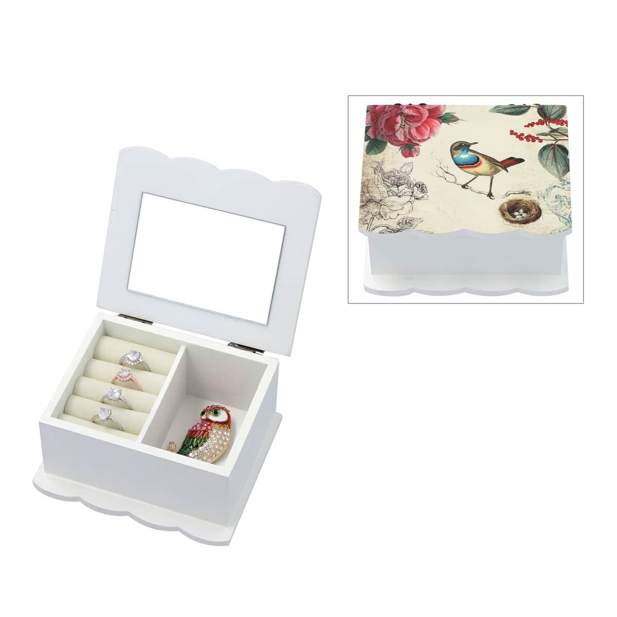 Cream Bird and Floral Pattern Musical Jewelry Box with Mirror (5.35"x4.50"x3.15") image number 0