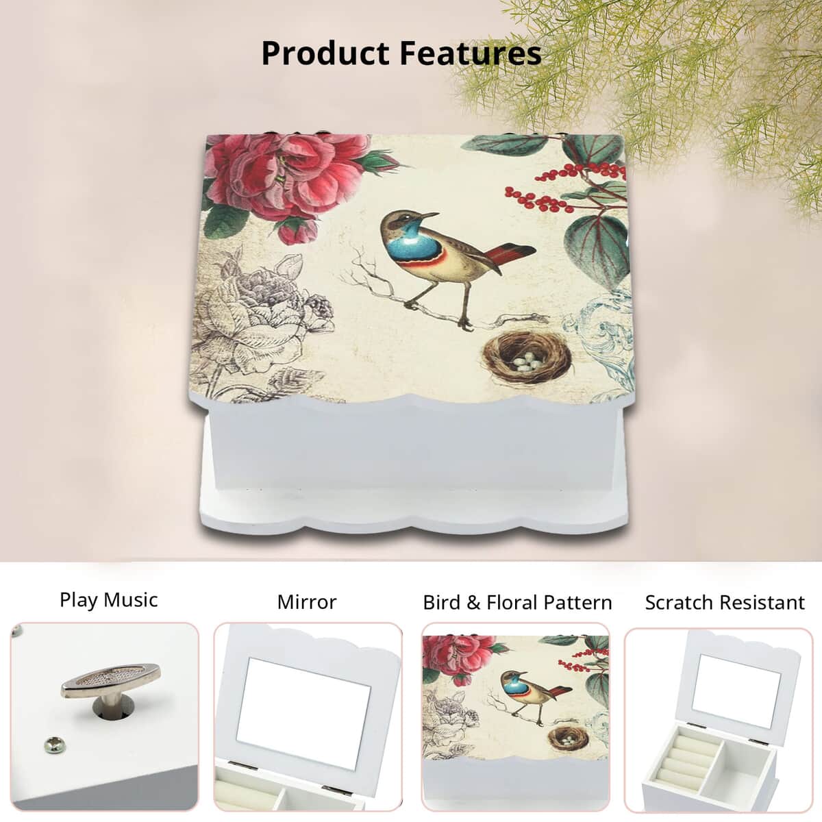 Cream Bird and Floral Pattern Musical Jewelry Box with Mirror (5.35"x4.50"x3.15") image number 1