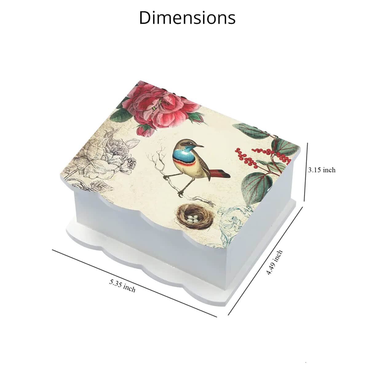 Cream Bird and Floral Pattern Musical Jewelry Box with Mirror (5.35"x4.50"x3.15") image number 3