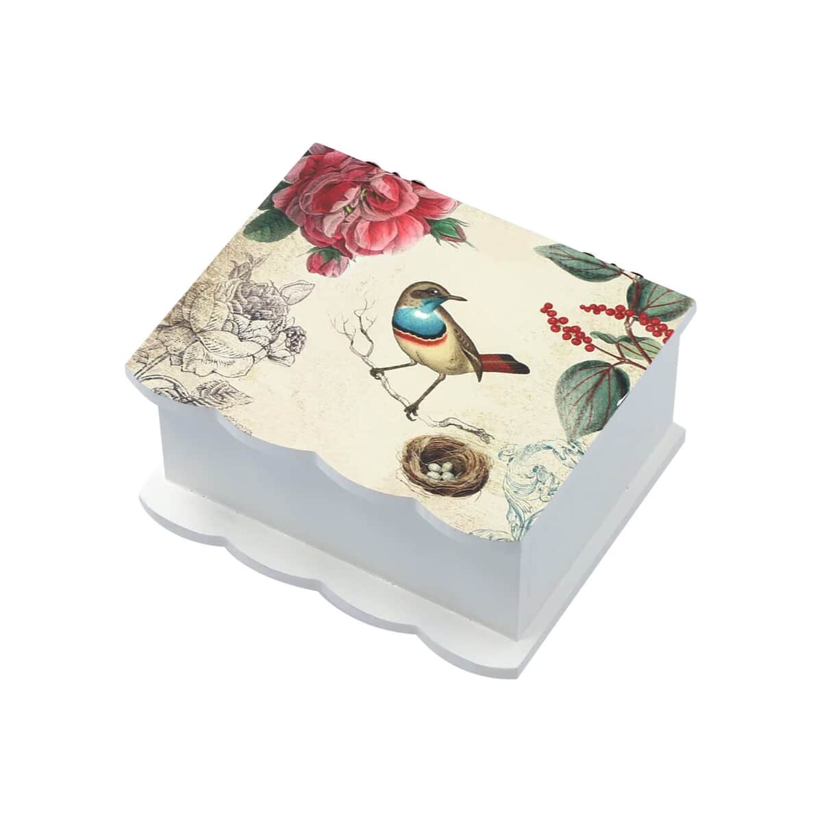 Cream Bird and Floral Pattern Musical Jewelry Box with Mirror (5.35"x4.50"x3.15") image number 4