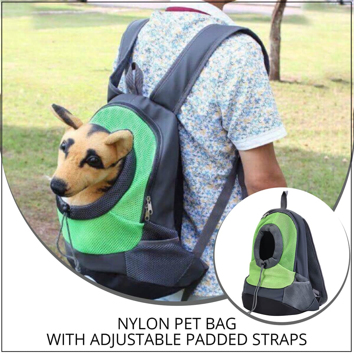 Green and Gray Nylon Pet Bag with Adjustable Padded Straps image number 1