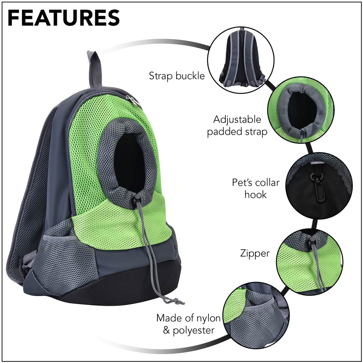 Green and Gray Nylon Pet Bag with Adjustable Padded Straps image number 2