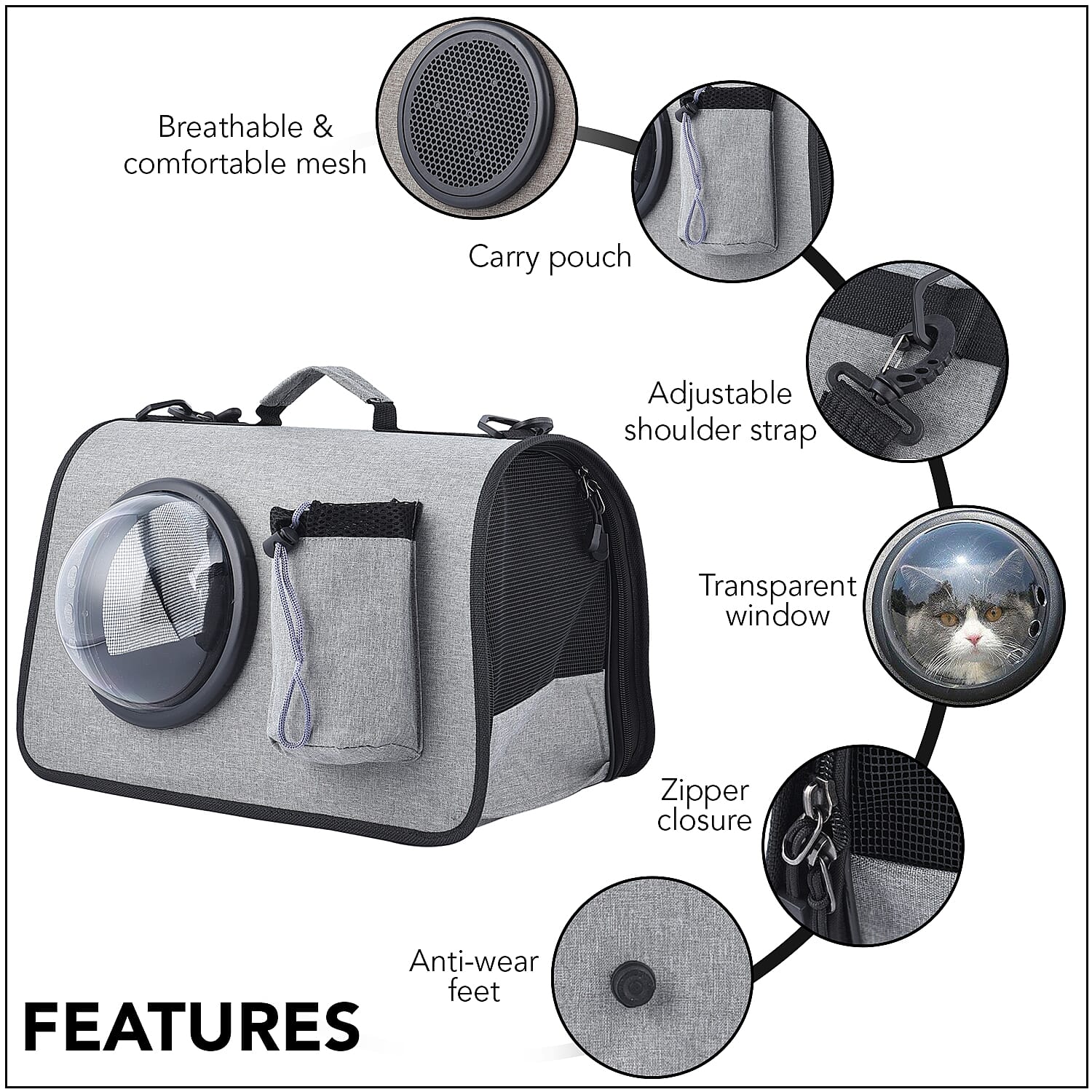 Gray Oxford Fabric Pet Bag with Adjustable Shoulder Strap