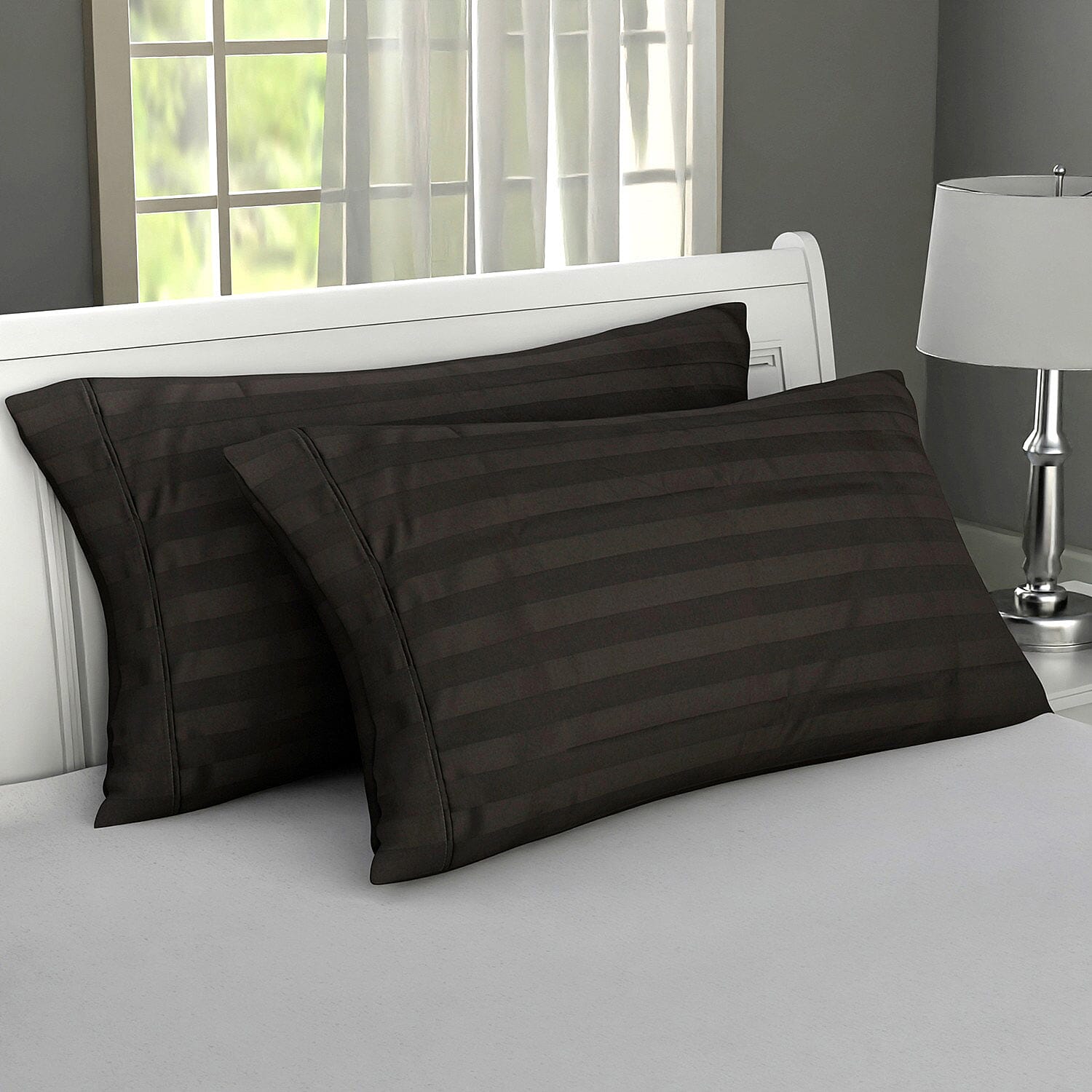 Set of 2 Dark Gray Striped Weave Pattern Cotton Pillow Case - King