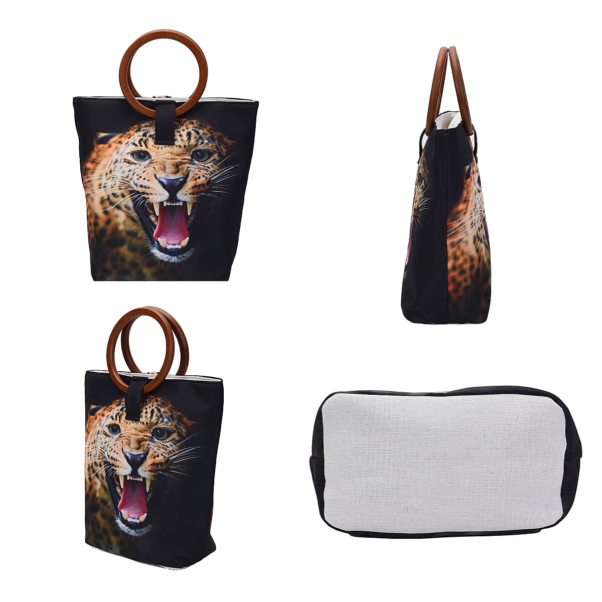 Hong Kong Collection Designer Inspired Yellow Leopard Head Print Pattern Tote Bag with Wooden Handle image number 2