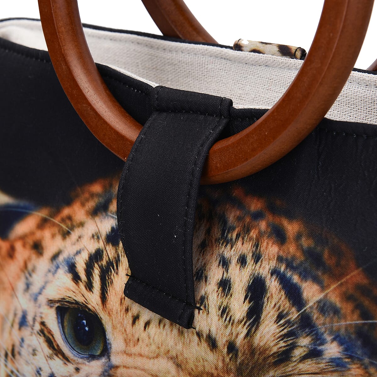 Hong Kong Collection Designer Inspired Yellow Leopard Head Print Pattern Tote Bag with Wooden Handle image number 3