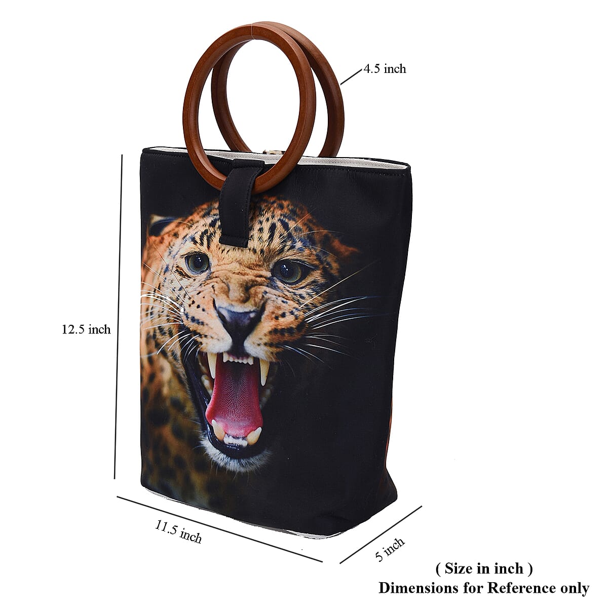 Hong Kong Collection Designer Inspired Yellow Leopard Head Print Pattern Tote Bag with Wooden Handle image number 5