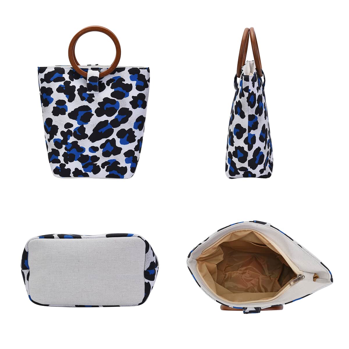 Hong Kong Collection Designer Inspired Blue, White and Black Leopard Skin Print Pattern Tote Bag with Wooden Handle image number 3