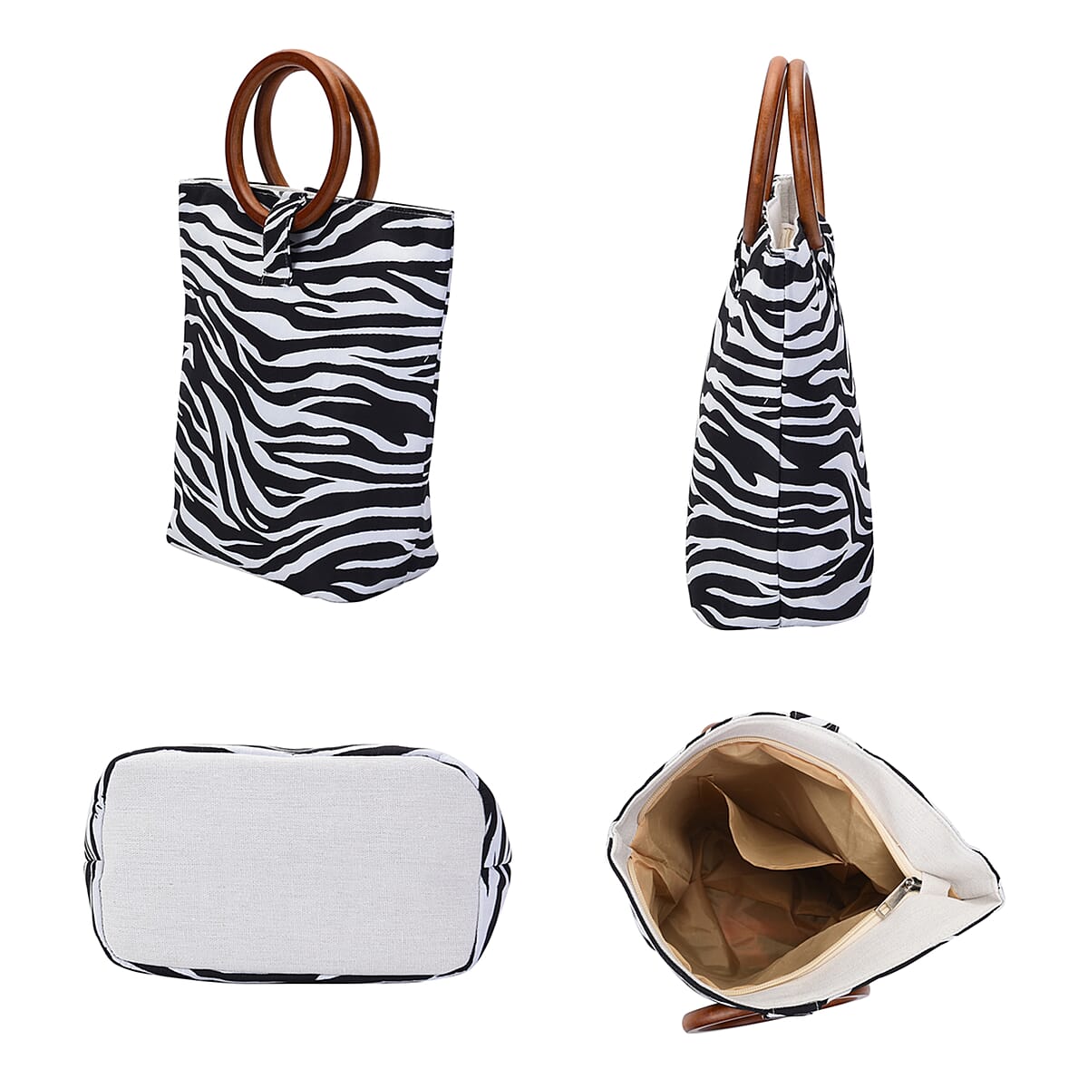 Hong Kong Collection Designer Inspired Black and White Zebra Print Tote Bag with Wooden Handle image number 2