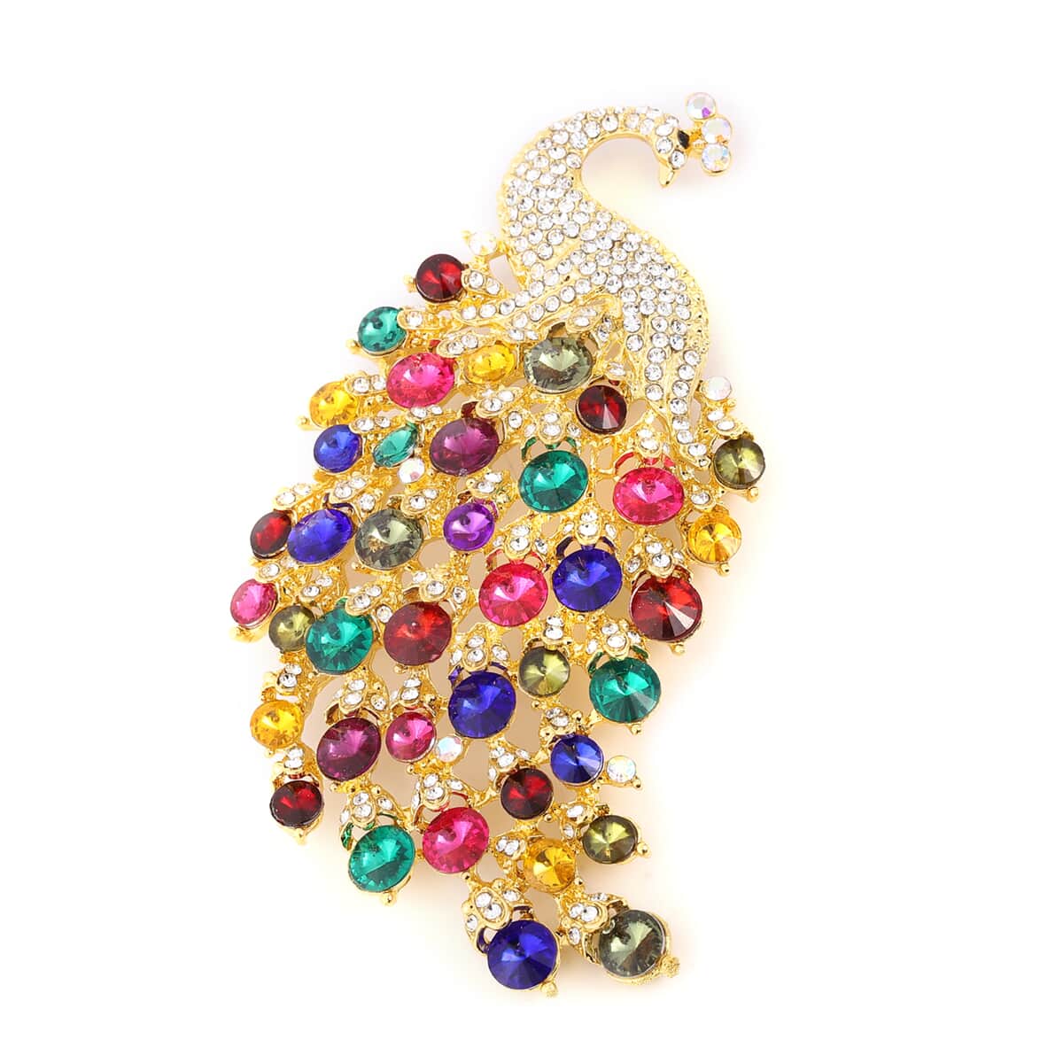 Multi Color Austrian Crystal Peacock Brooch in Goldtone image number 0