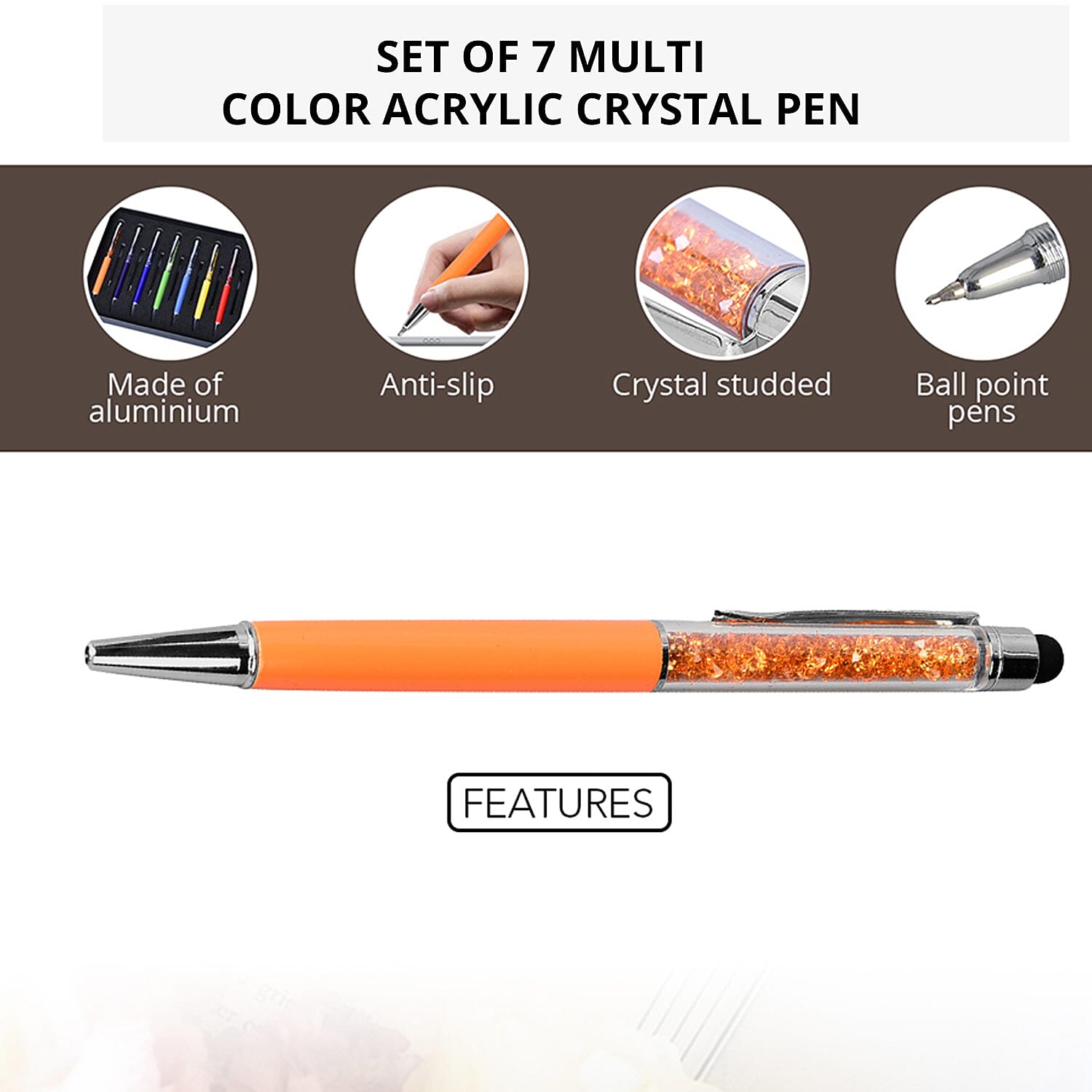 Set of 7 Multi Color Acrylic Crystal 2 in 1 Ball Point Pen | Stationary Set | Unique Corporate Gifts | Personalized Stationary Sets