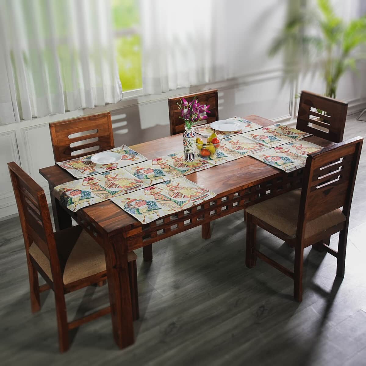 Set of 5 Multi Color Jacquard Printed Placemats (13"x19") and Table Runner (13"x72") image number 0