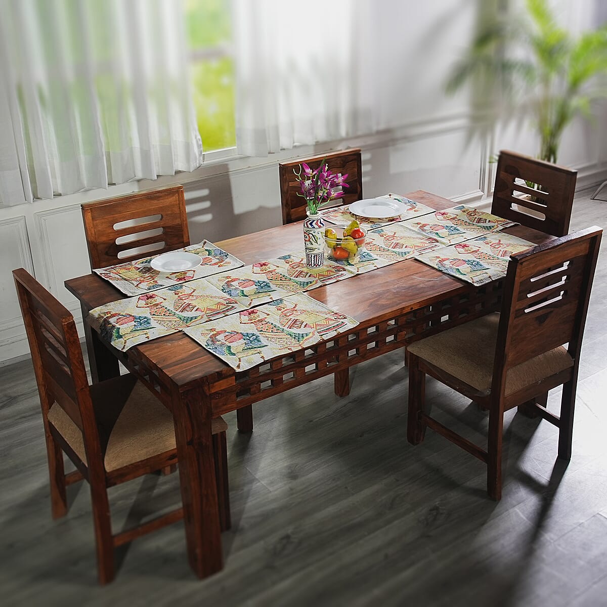 Set of 5 Multi Color Jacquard Printed Placemats (13"x19") and Table Runner (13"x72") image number 0