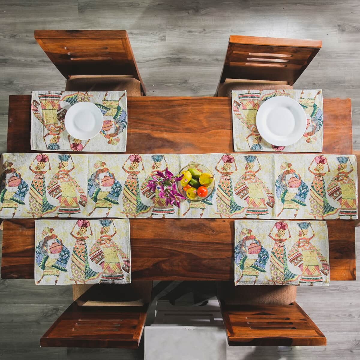Set of 5 Multi Color Jacquard Printed Placemats (13"x19") and Table Runner (13"x72") image number 1