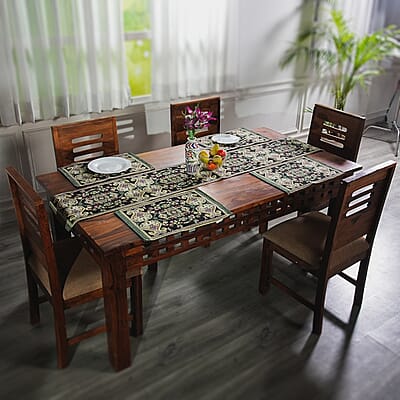 Set of 5 Black with Multi Color Vintage Art Printed Jacquard Placemats and Table Runner