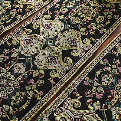 Set of 5 Black with Multi Color Vintage Art Printed Jacquard Placemats and Table Runner